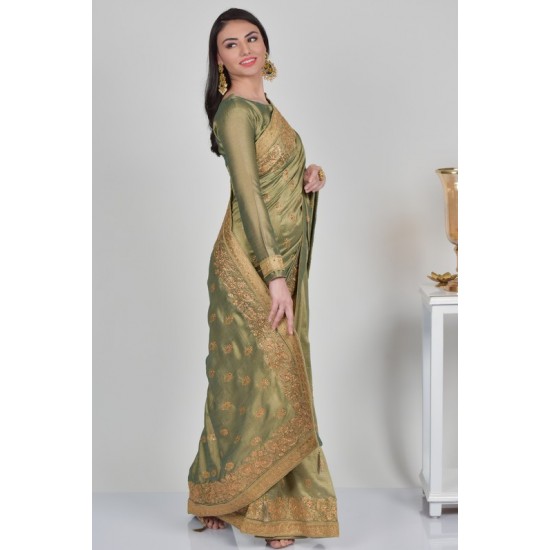 Pista Embroidered Indian Designer Wedding Saree