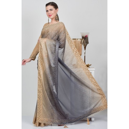 Trendy Grey & Beige Two Tone Party Wear Saree