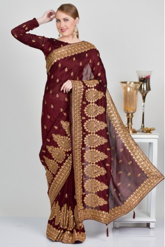 Maroon Embroidered Bollywood Style Readymade Saree