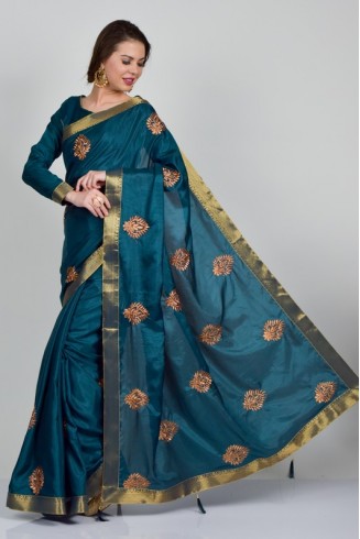 Teal Blue Silk Embroidered Wedding Saree