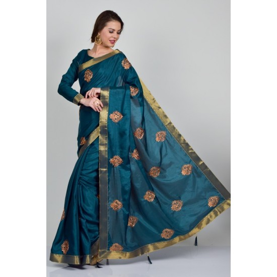 Teal Blue Silk Embroidered Wedding Saree