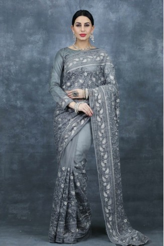 Dark Grey Heavy Embroidered Bridal Saree