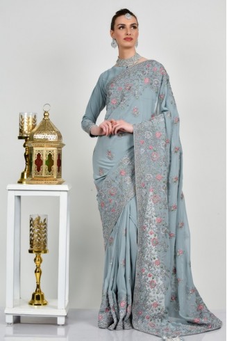 Bluish Grey Embroidered Indian Saree