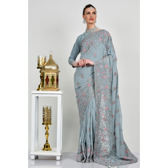 Bluish Grey Embroidered Indian Saree