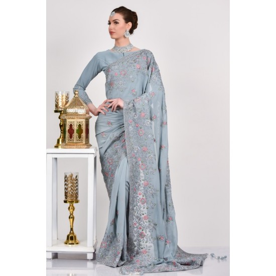 Bluish Grey Embroidered Indian Saree