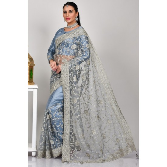 Bluish Grey Stylish Designer Saree