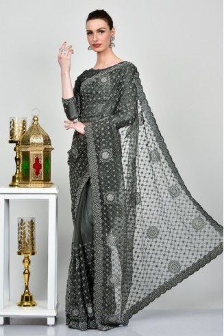 Dark Grey Pakistani Designer Bridal Saree