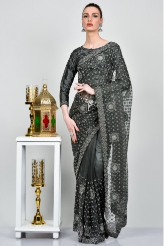 Dark Grey Pakistani Designer Bridal Saree