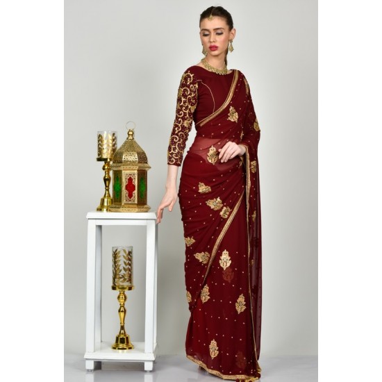 Maroon Gold Ethnic Evening Saree