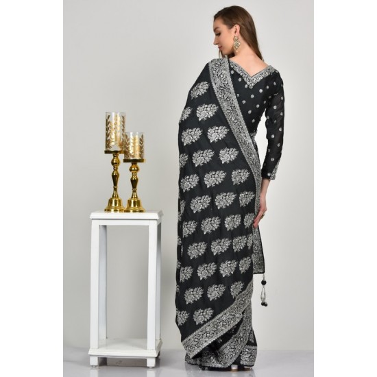Dark Grey Banarashi Wedding Party Saree