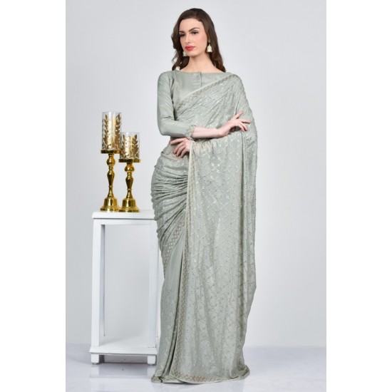 Light Grey Satin Georgette Indian Daily Wear Saree