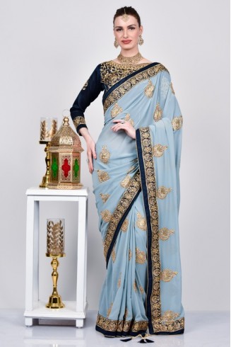 Light and Navy Blue Indian Designer Wedding Saree