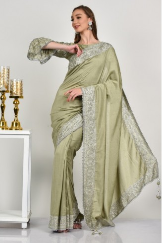 Pista Green Sequin Embellished Saree