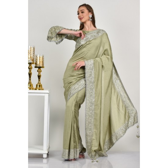 Pista Green Sequin Embellished Saree