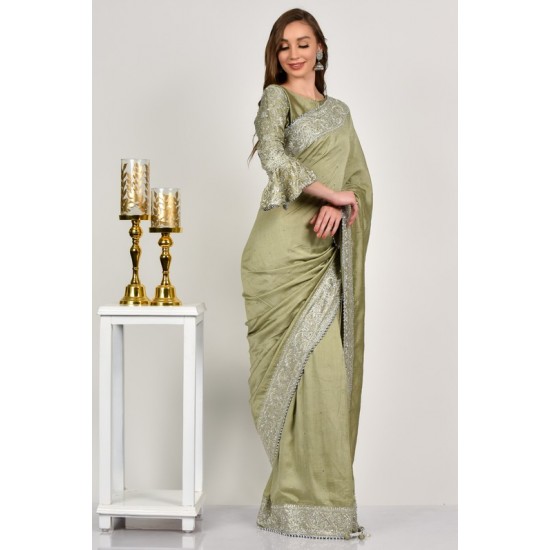 Pista Green Sequin Embellished Saree