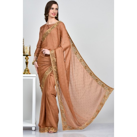 Rust Satin Chiffon Indian Ladies Saree