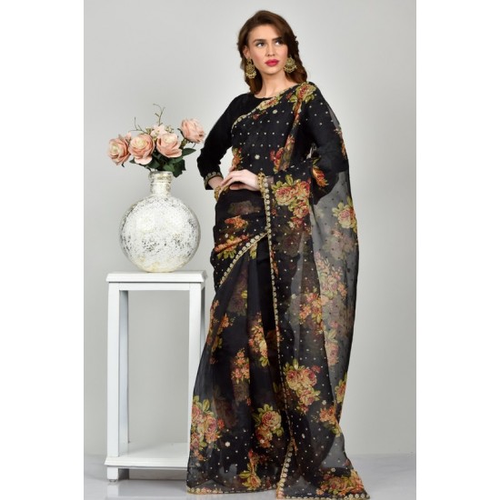 Black Floral Printed Stitched Saree