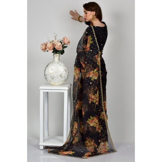Black Floral Printed Stitched Saree