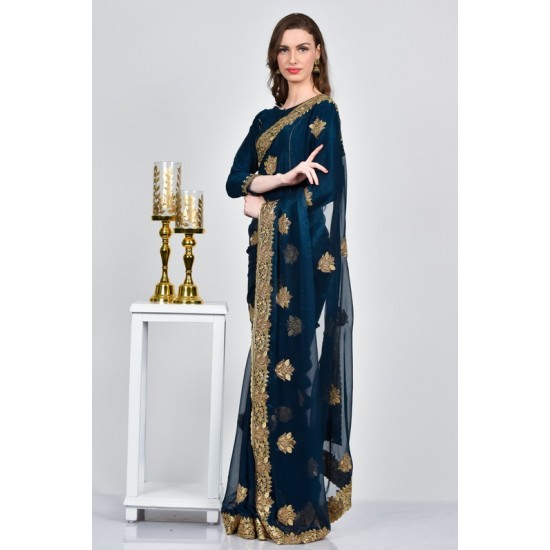 Peacock Blue Pakistani Designer Evening Saree