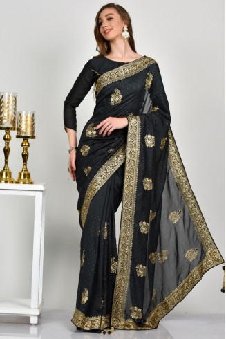 Dark Grey Indian Ethnic Evening Wear Saree