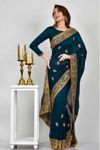 Peacock Green Brocade Indian Party Saree