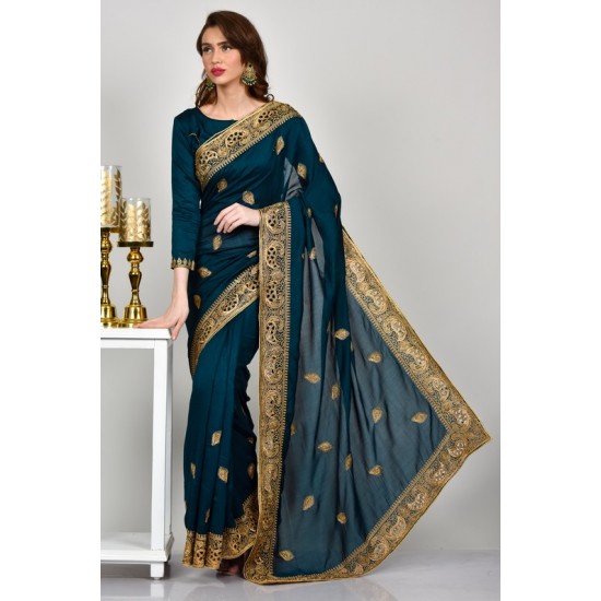 Peacock Green Brocade Indian Party Saree