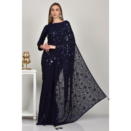 Navy Blue Embellished Evening Saree
