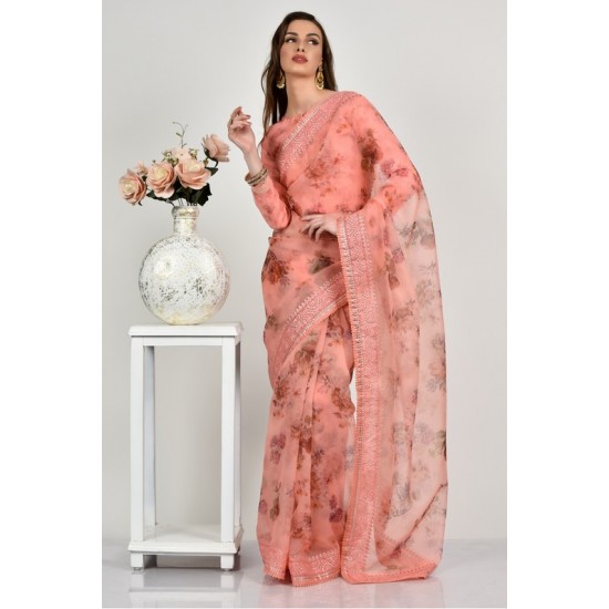 Peach Floral Printed Summer Party Saree