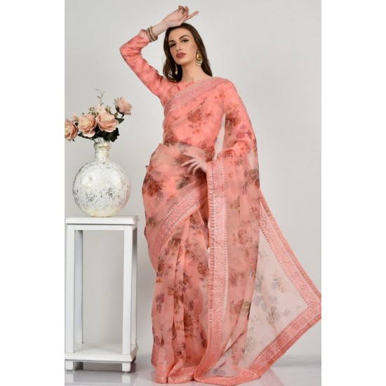 Peach Floral Printed Summer Party Saree