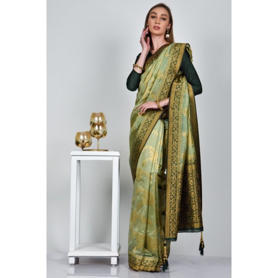 Pista Dark Green Indian Designer Banarasi Saree
