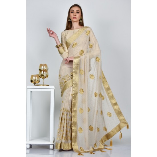 Beige Indian Luxury Embroidered Chiffon Saree
