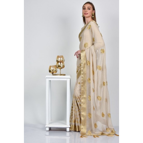 Beige Indian Luxury Embroidered Chiffon Saree
