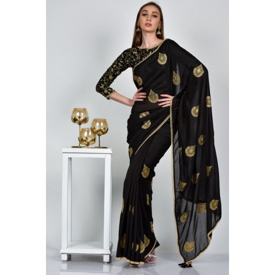 Black Gold Embroidered Party Saree