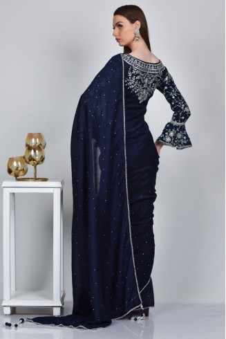 Navy Blue Embroidered Pakistani Designer Saree