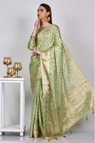 Pista Trendy Banarasi Silk Indian Saree
