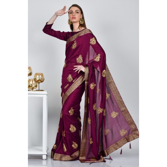Plum Embroidered Ethnic Saree