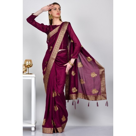 Plum Embroidered Ethnic Saree