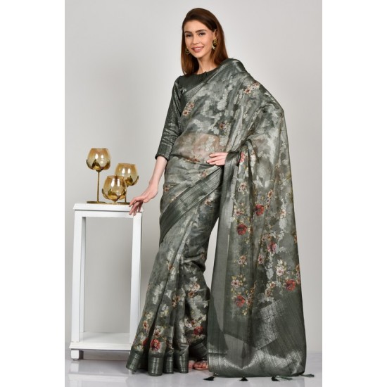 Moss Green Floral Printed Silk Saree