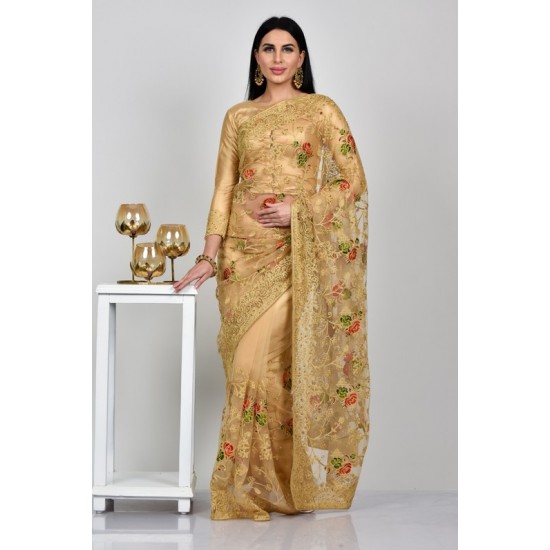 Beige Net Embroidered Wedding Saree