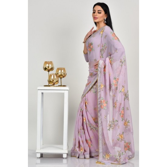 Lavender Floral Printed Pakistani Designer Saree
