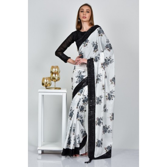 Off White Black Floral Printed Saree