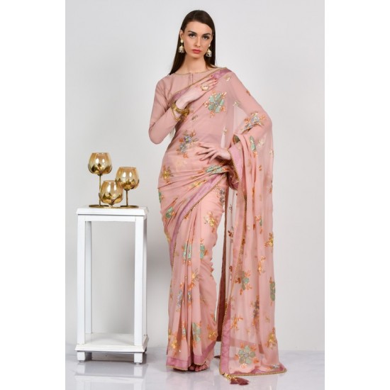 Rose Pink Printed Floral Pakistani Saree