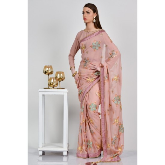 Rose Pink Printed Floral Pakistani Saree