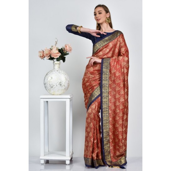 Carrot Navy Blue Brocade Style South Indian Saree