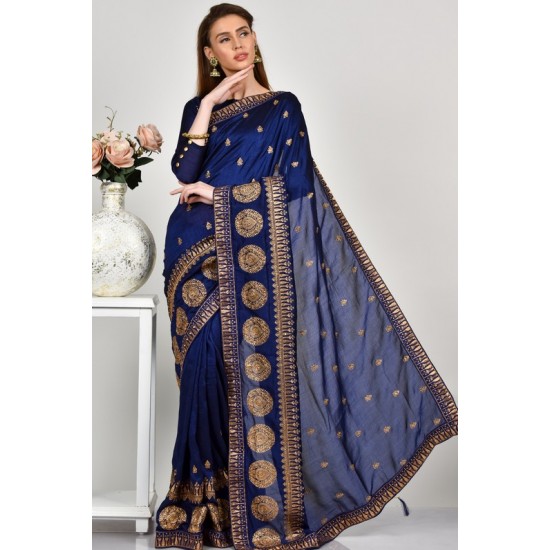 Navy Blue Gold Indian Pakistani Reception Saree