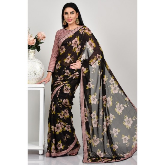 Black Floral Printed Fashion Designer Saree
