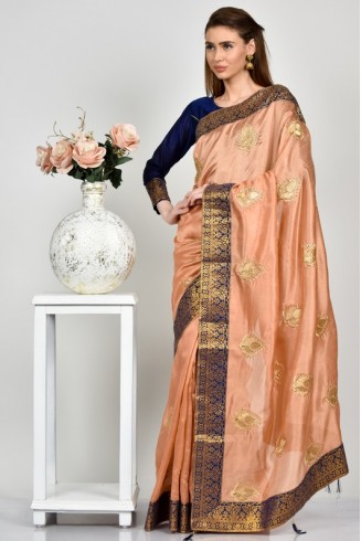 Peach Navy Indian Silk Traditional Saree