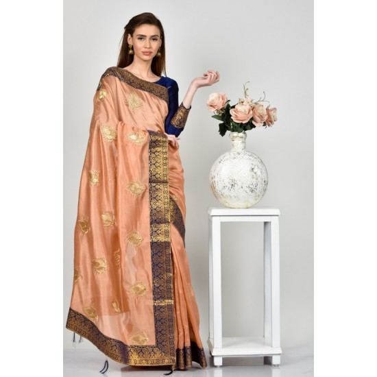 Peach Navy Indian Silk Traditional Saree