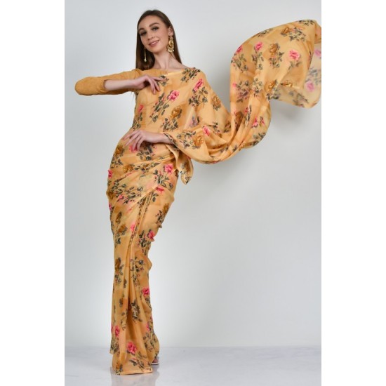 Beige Floral Printed Designer Saree