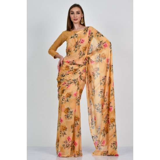 Beige Floral Printed Designer Saree